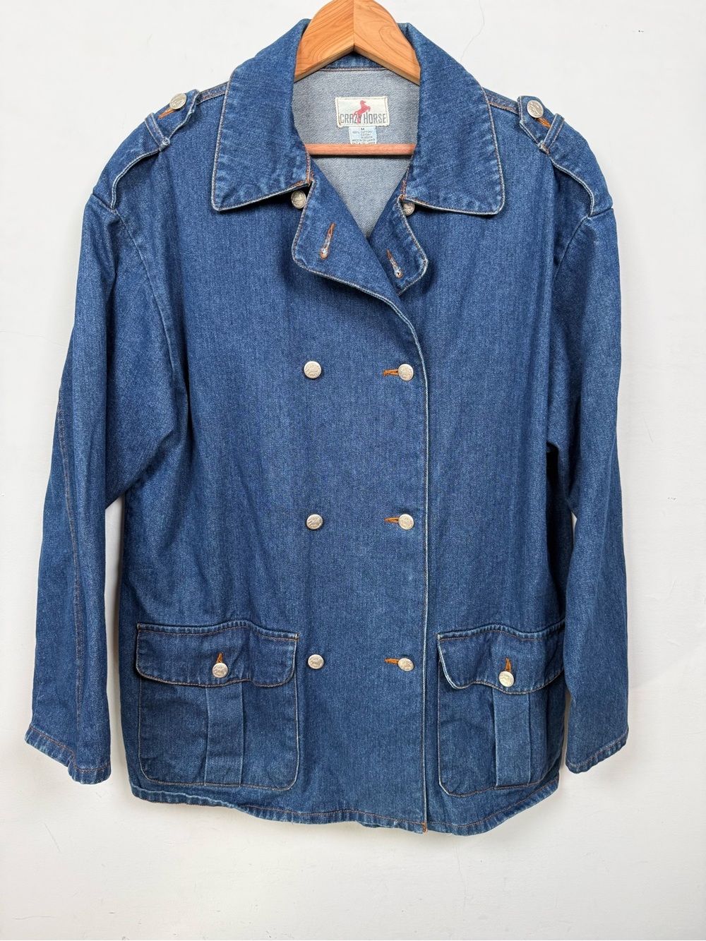 VTG Crazy Horse Double Breasted Denim Chore Jacket Size M 100% Cotton